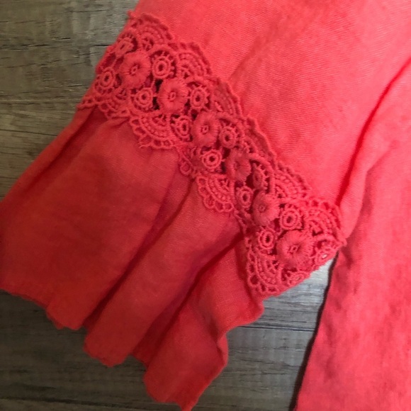 Italian Linen  Coral Pink  Top with Lace Sleeves Medium - Picture 4 of 8